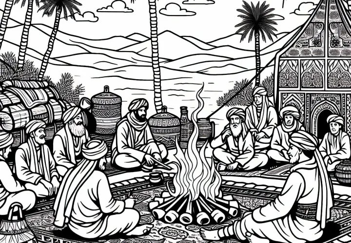 Nomaden lagern mit Teppichen und Lagerfeuer in der Oase - Ausmalbild