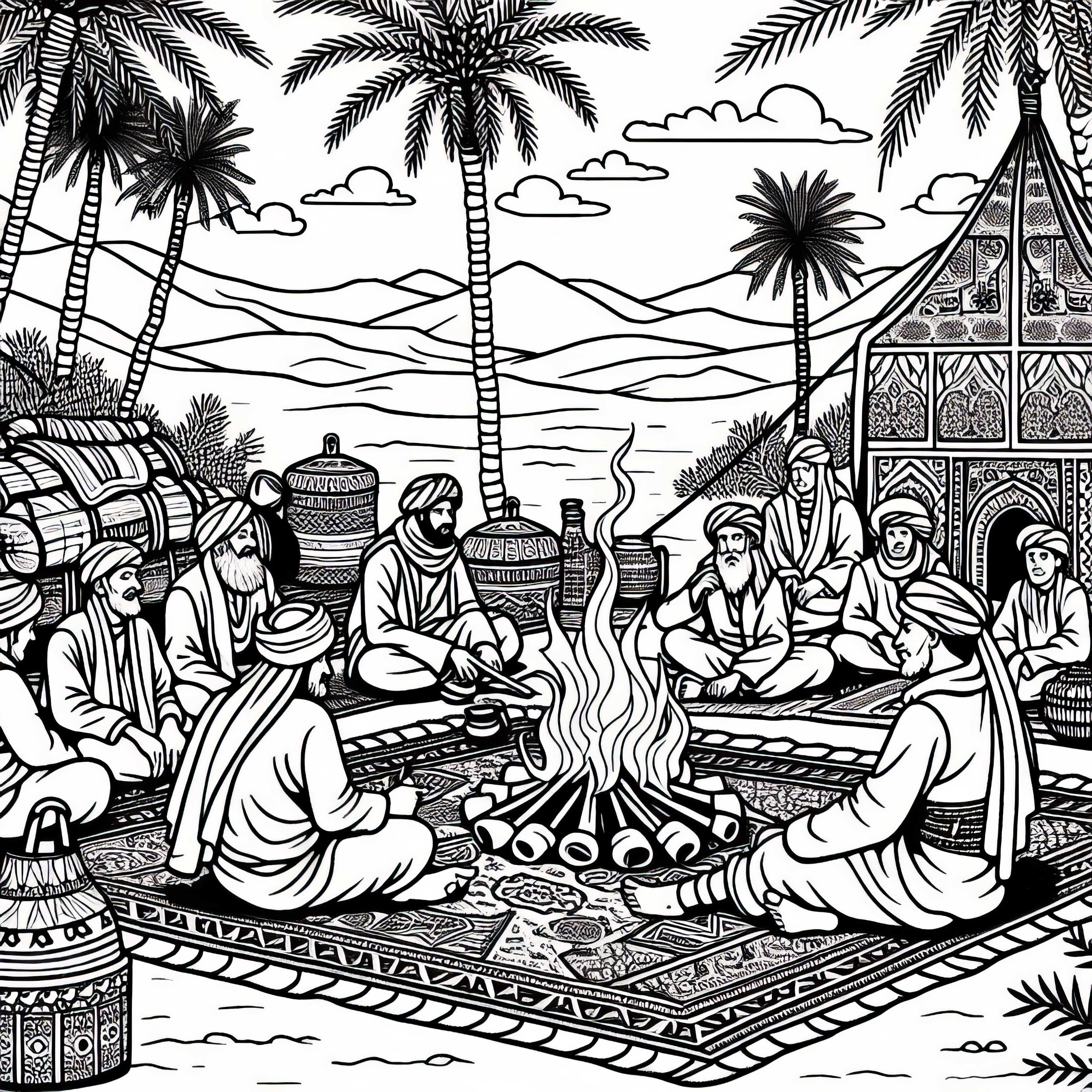 Nomaden lagern mit Teppichen und Lagerfeuer in der Oase - Ausmalbild