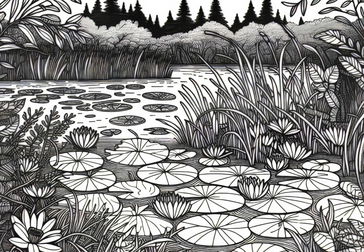 Dichte Wasserpflanzen mit Seerosen in Sumpf – Malvorlage kostenlos