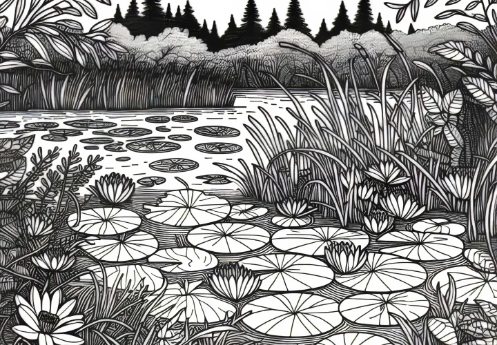 Dichte Wasserpflanzen mit Seerosen in Sumpf – Malvorlage kostenlos