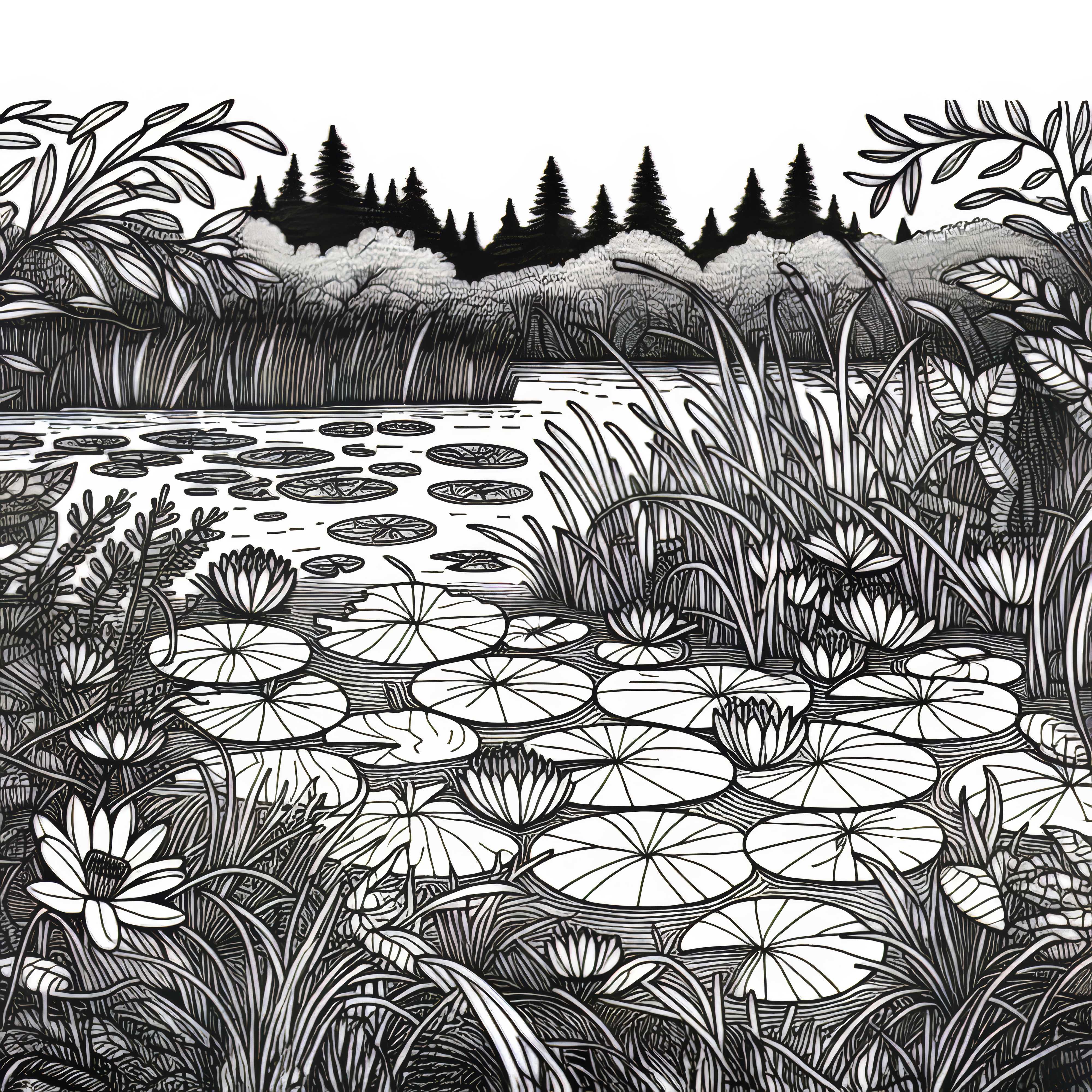 Dichte Wasserpflanzen mit Seerosen in Sumpf &ndash; Malvorlage kostenlos