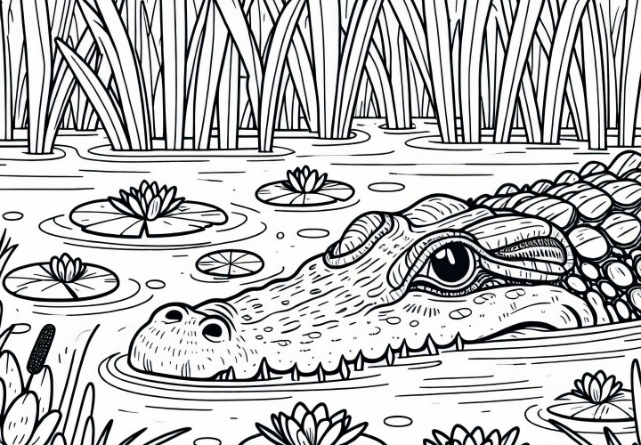 Krokodil liegt lauernd im Wasser eines Sumpfes – Malvorlage kostenlos