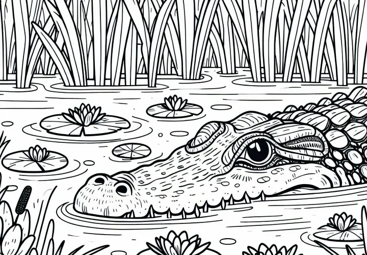 Krokodil liegt lauernd im Wasser eines Sumpfes – Malvorlage kostenlos