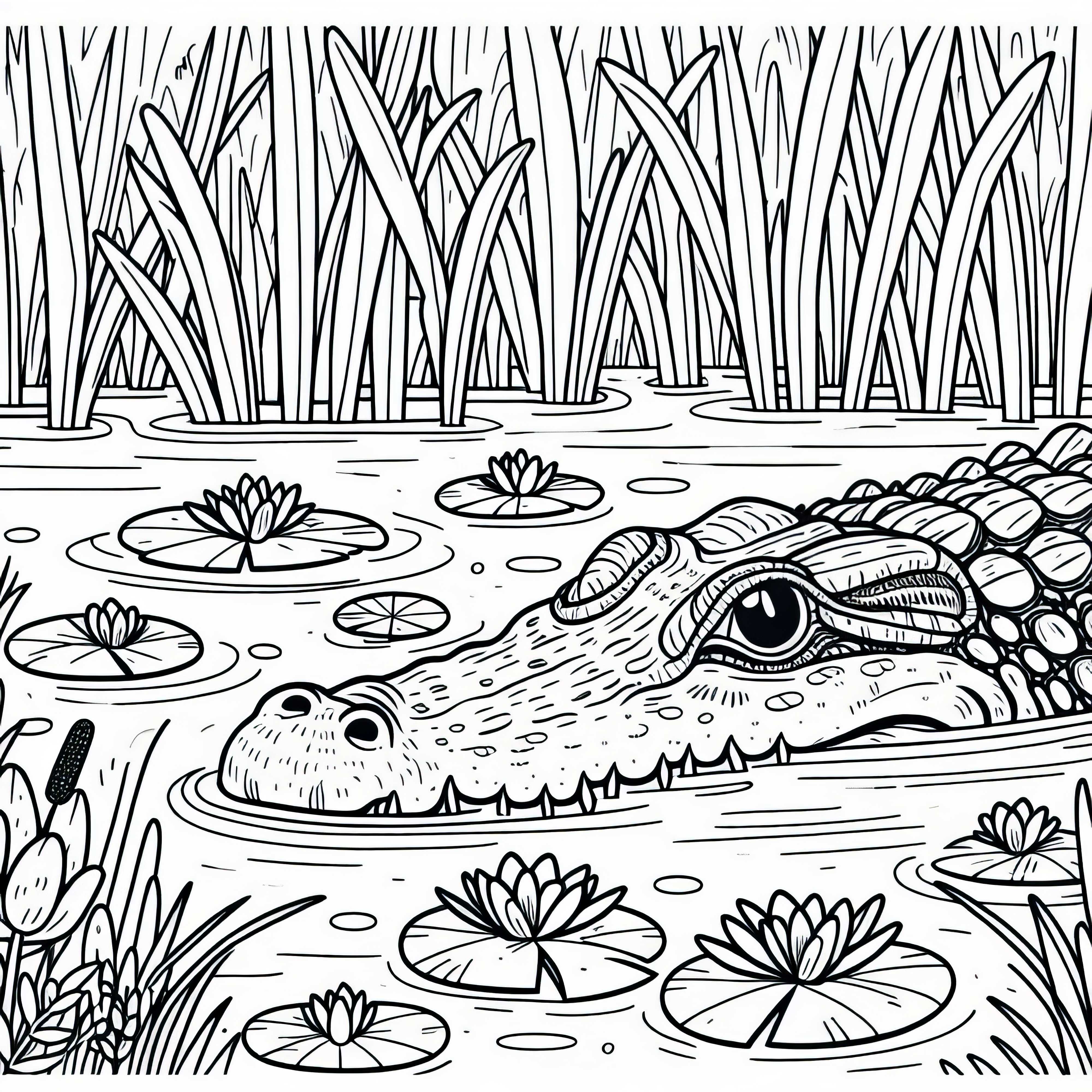 Krokodil liegt lauernd im Wasser eines Sumpfes &ndash; Malvorlage kostenlos