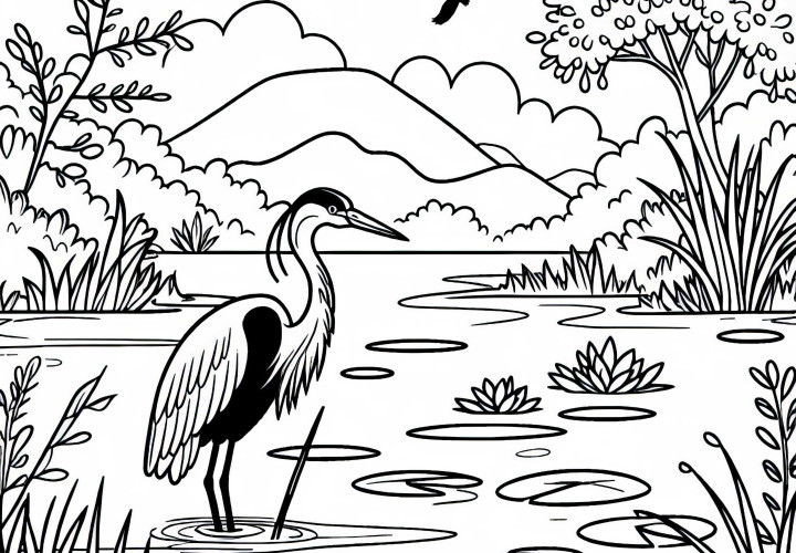 Reiher steht im flachen Wasser eines Sumpfes – Ausmalbild gratis