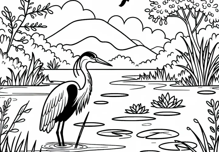 Reiher steht im flachen Wasser eines Sumpfes – Ausmalbild gratis