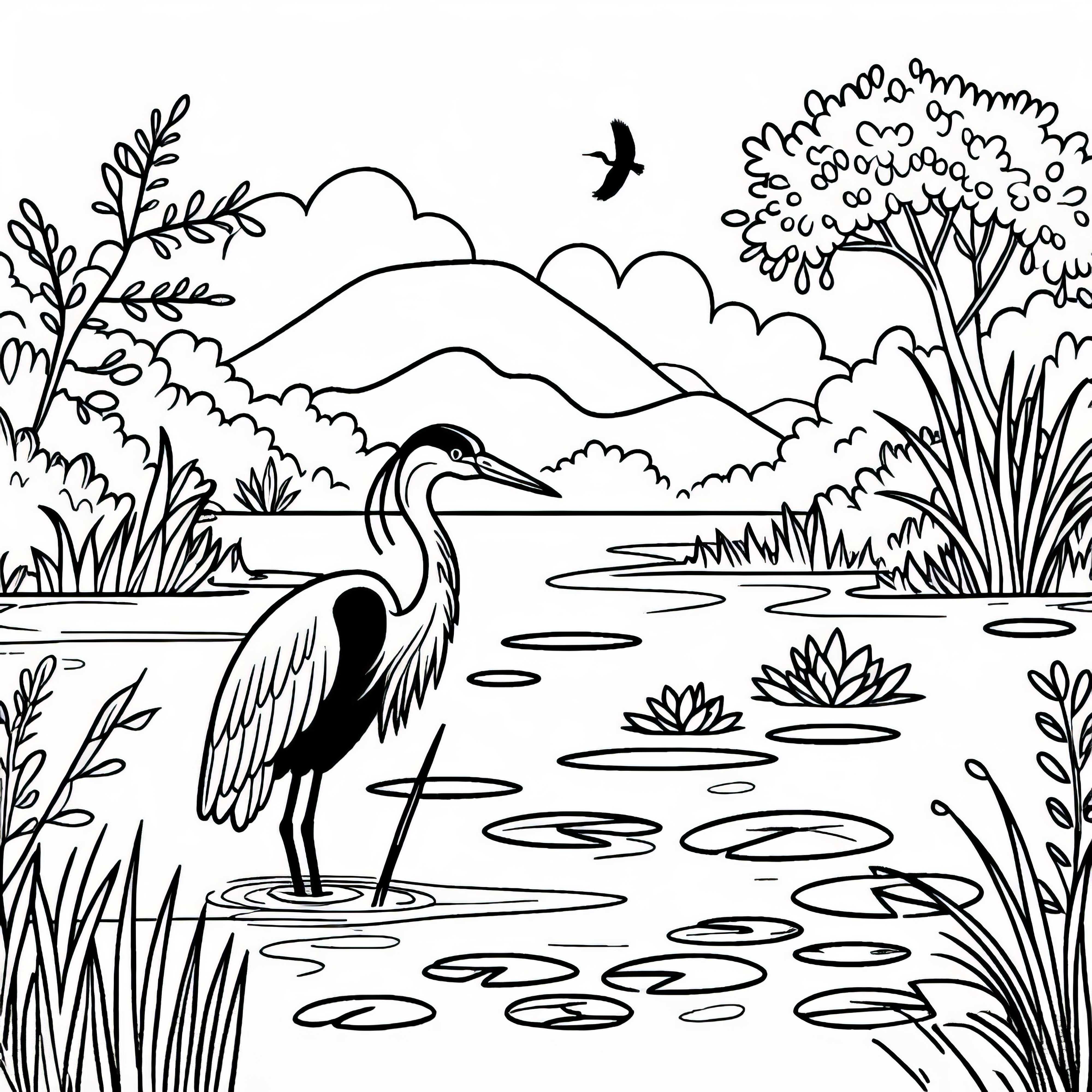 Reiher steht im flachen Wasser eines Sumpfes &ndash; Ausmalbild gratis