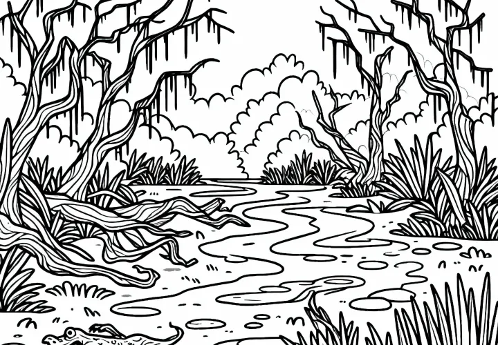 Muddy paths with gnarled trees in a swamp – free coloring page