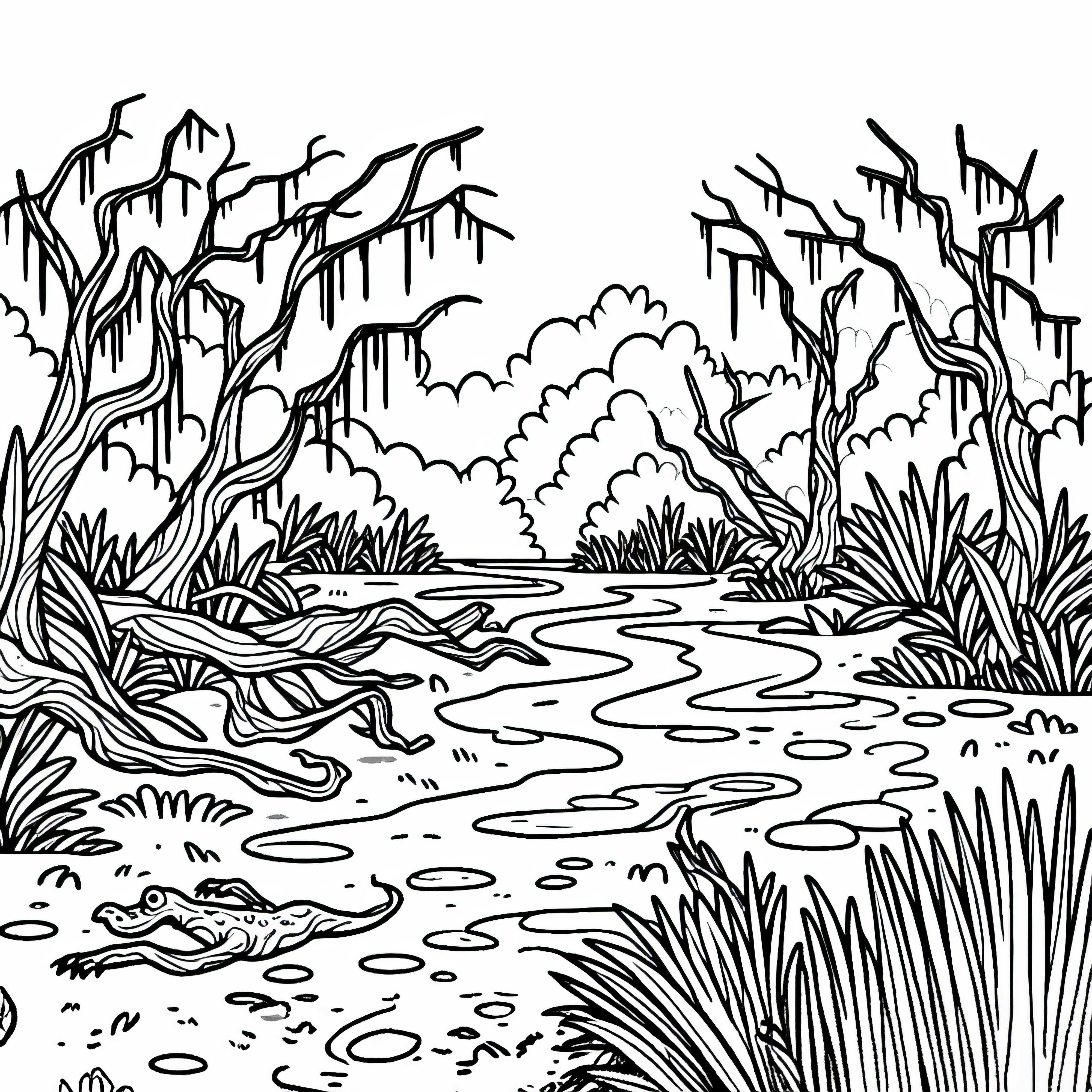 Caminhos lamacentos com árvores retorcidas em pântano – Desenho para colorir gratuito