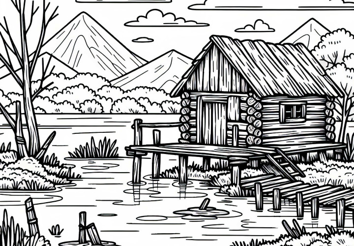Alte Holzhuette auf Stelzen im Sumpf – Malvorlage Gratis
