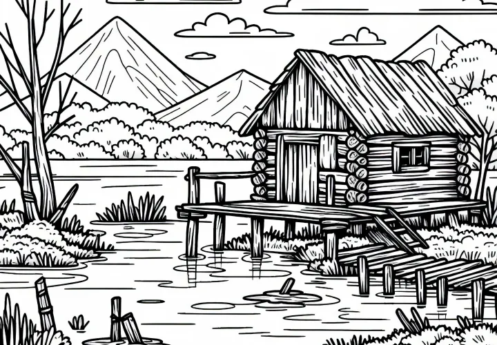 Alte Holzhuette auf Stelzen im Sumpf – Malvorlage Gratis