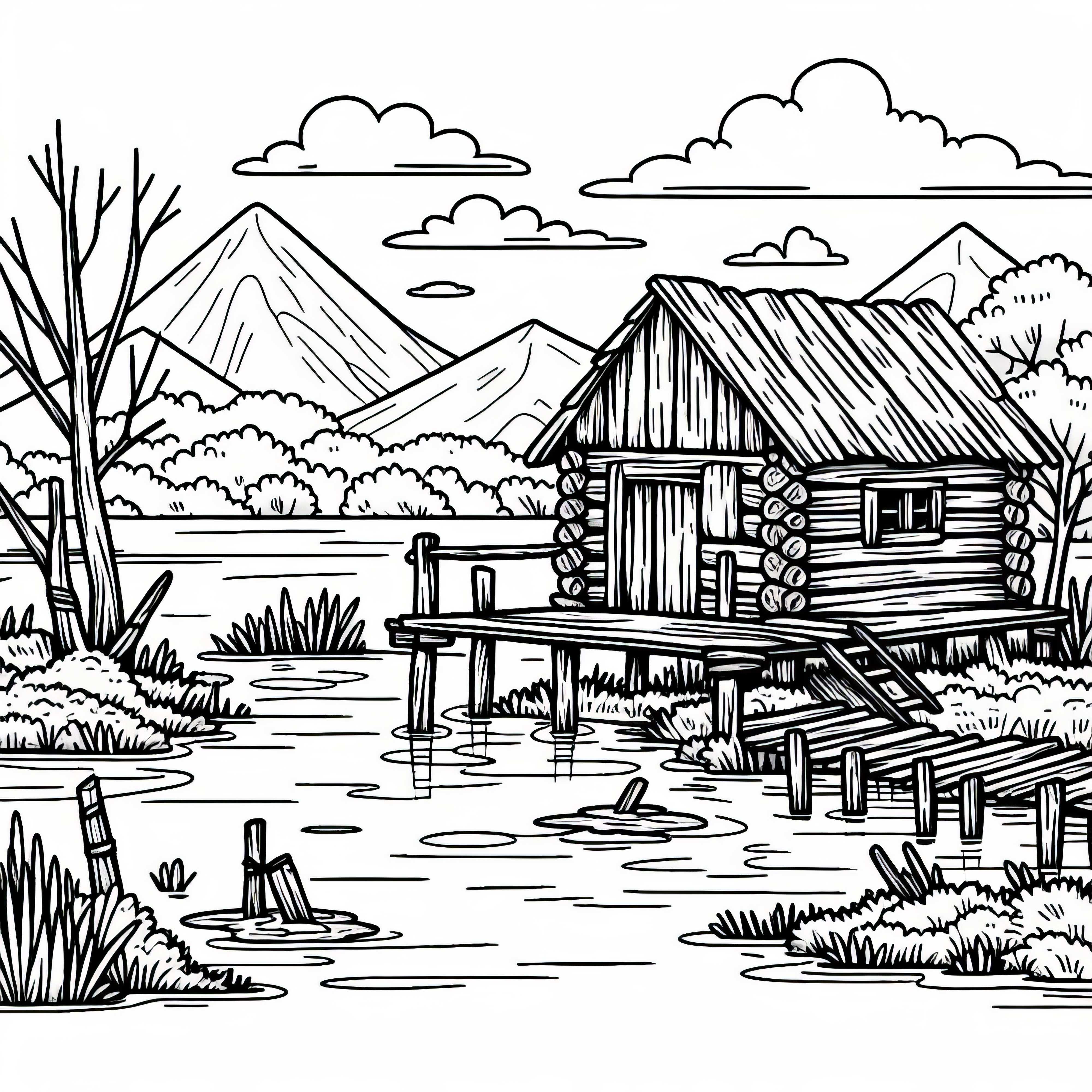 Alte Holzhuette auf Stelzen im Sumpf &ndash; Malvorlage Gratis
