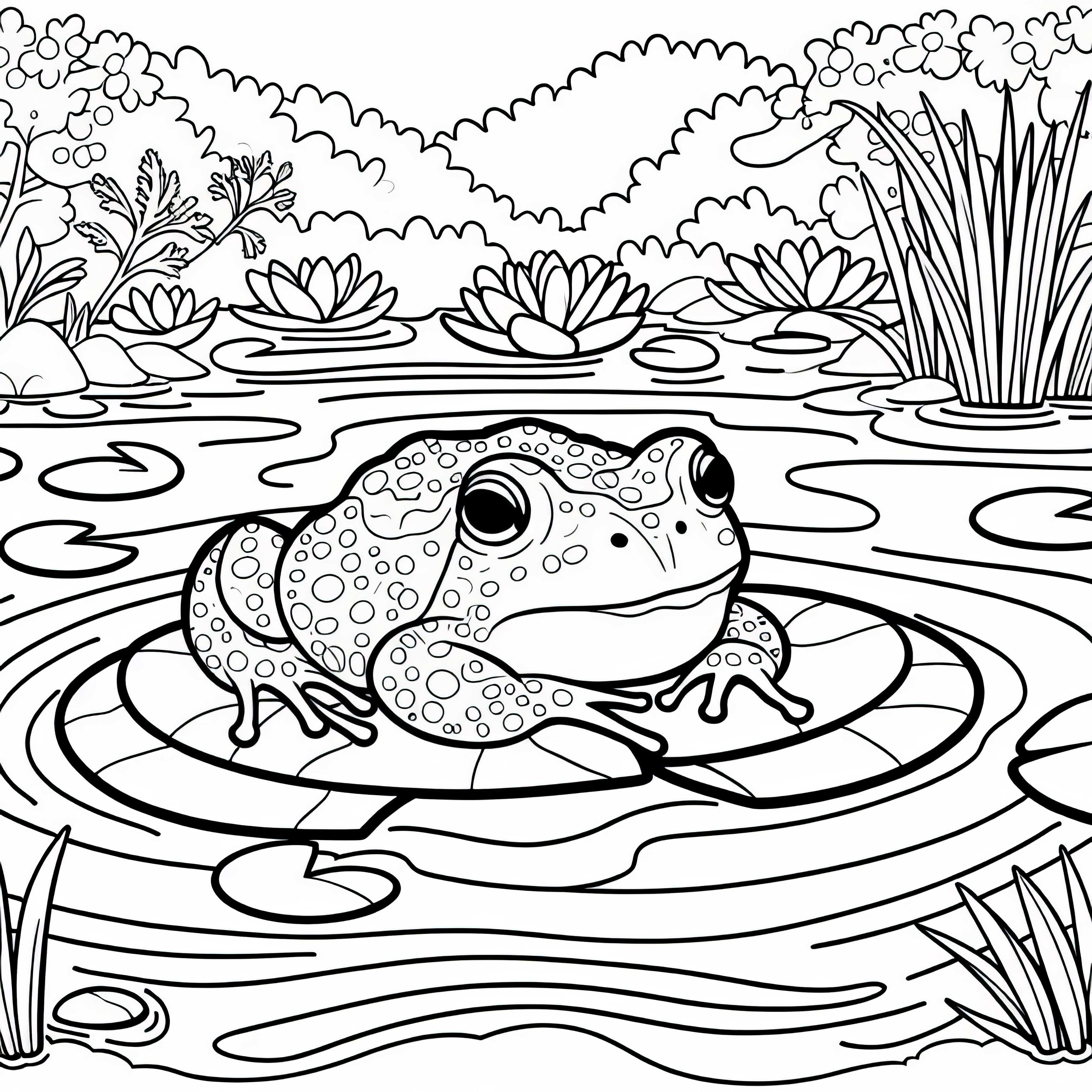 Жаба седи на лист лотос в блато - безплатен шаблон за оцветяване