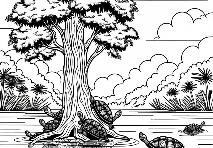 Turtles on a log in the water of a swamp - Free coloring page