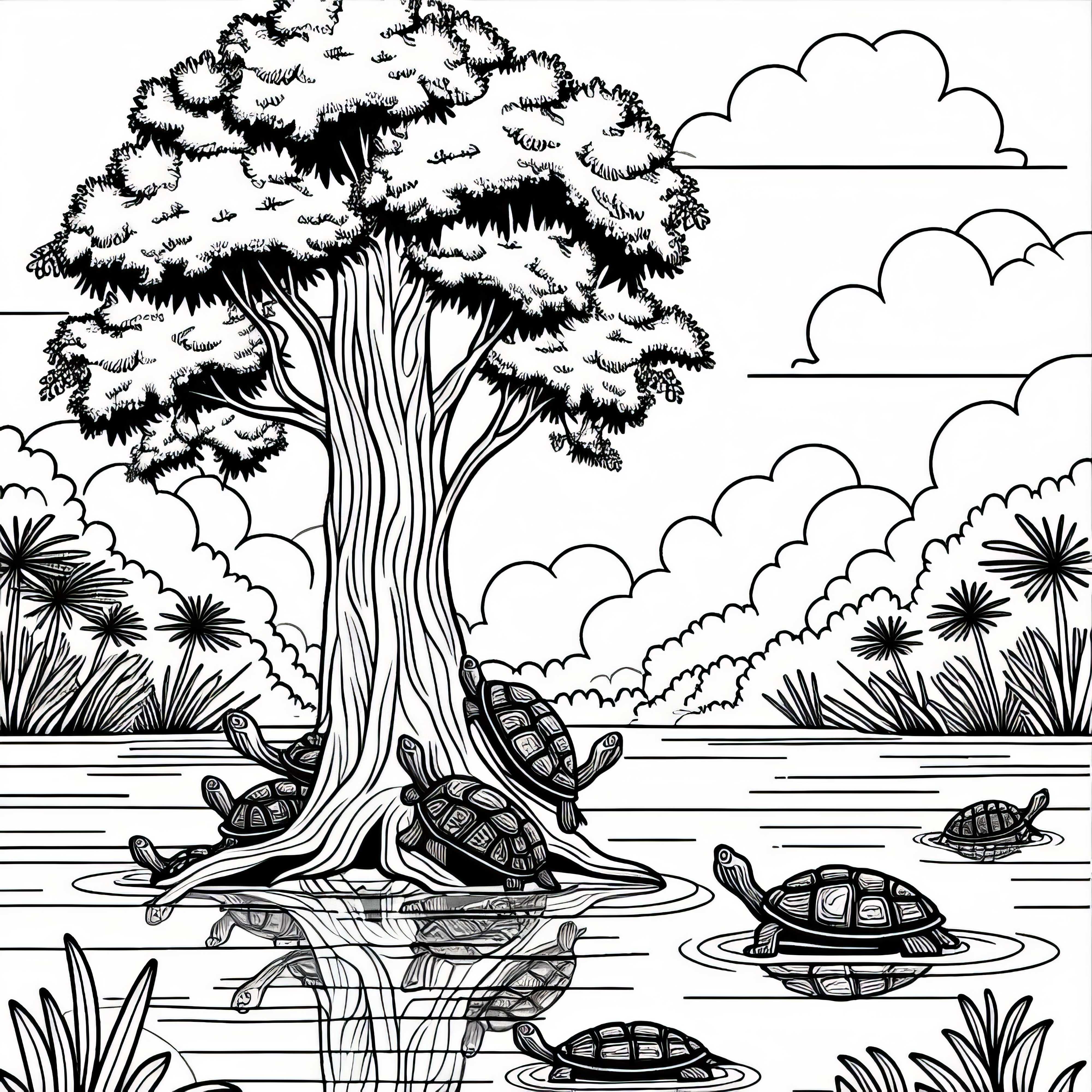 Костенурки на дървен ствол във водата на блато &ndash; безплатна картинка за оцветяване