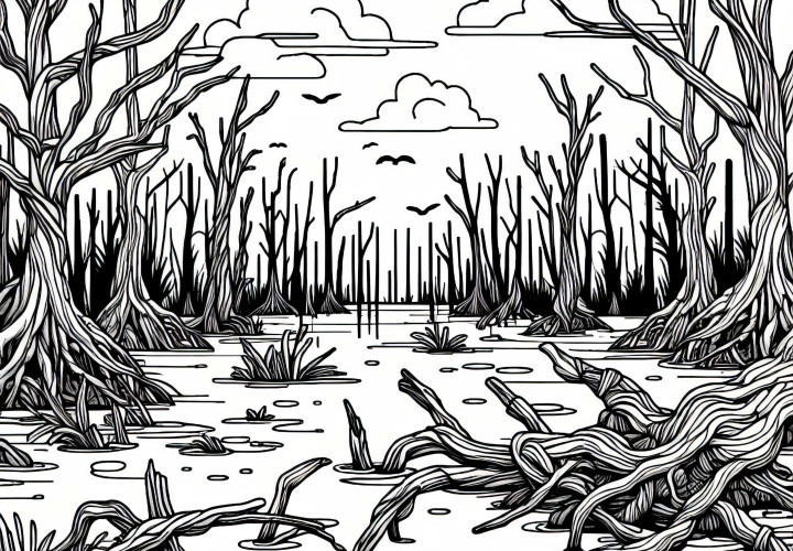 Корени и клонки стърчат от водата на блато - безплатен шаблон за оцветяване