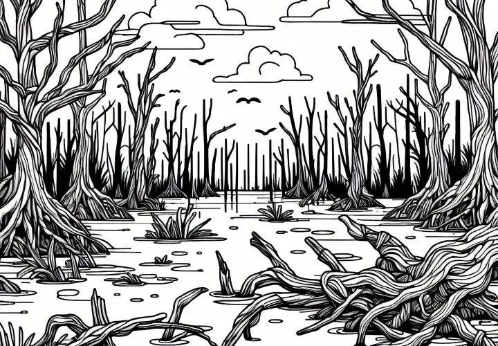 Roots and branches protrude from the water of a swamp - Free coloring page