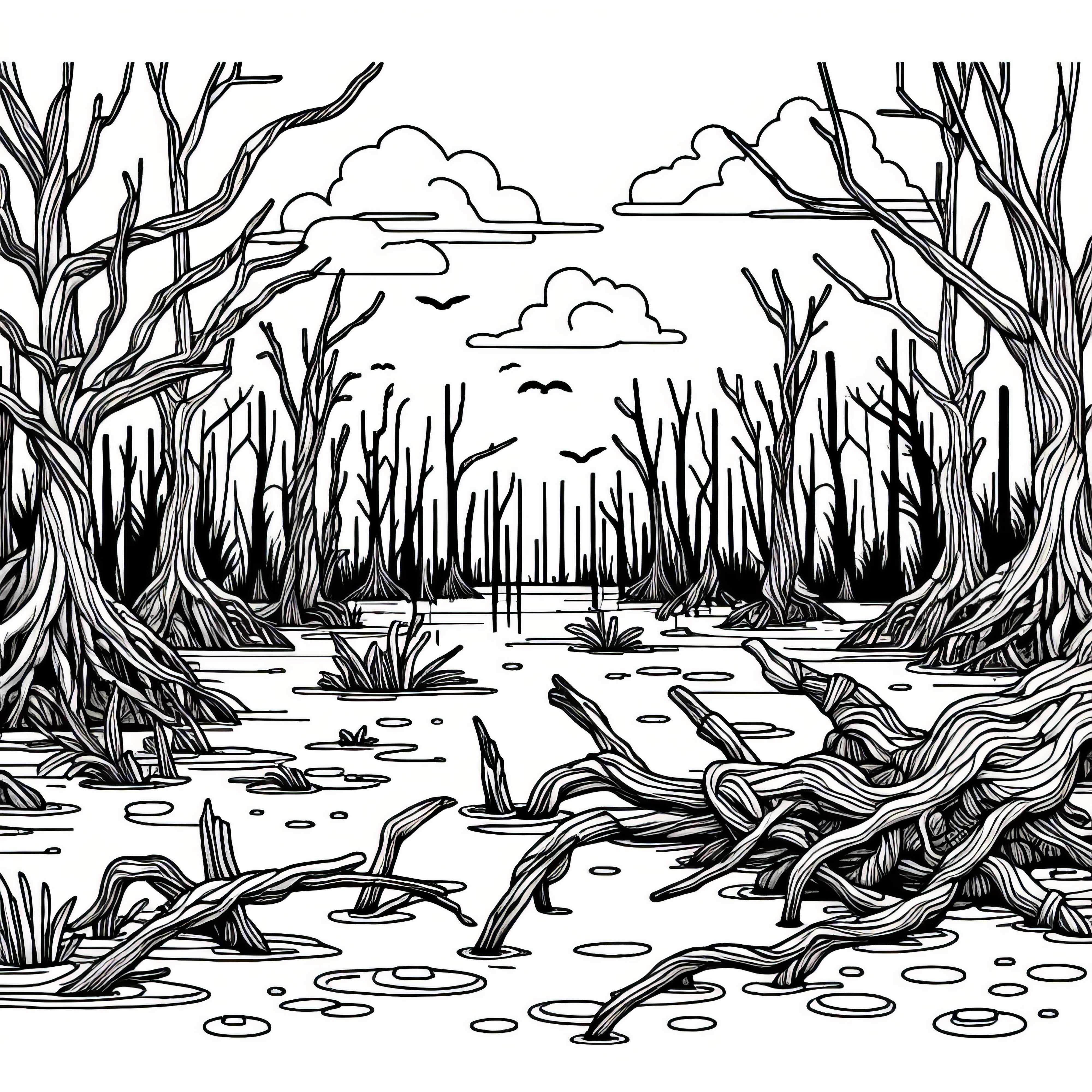 Корени и клони стърчат от водата на блатото - безплатна оцветяваща страница