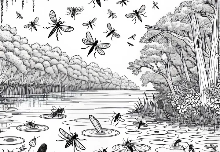 Insects buzzing over the water surface of a swamp – free coloring page