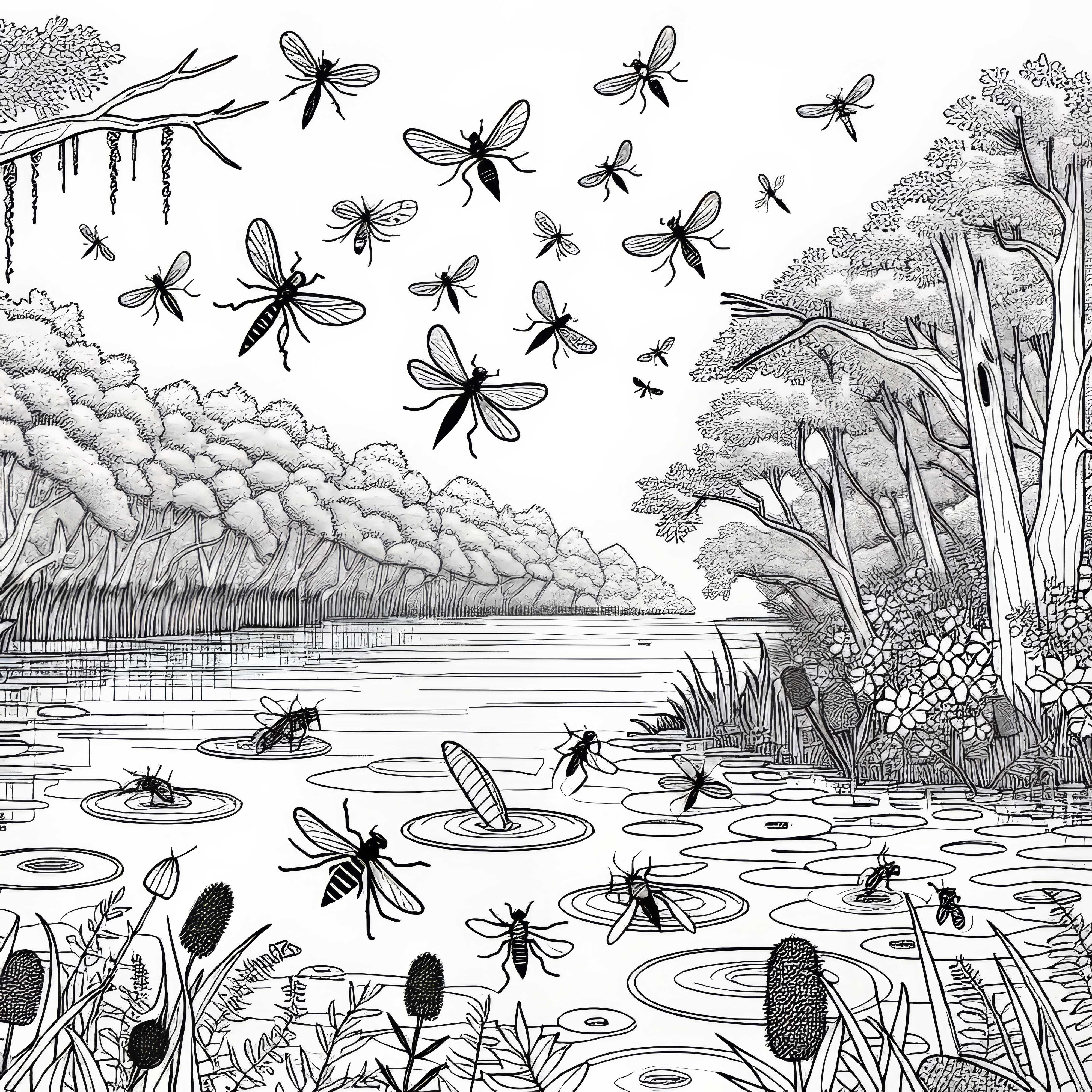 В insects бучат над водната повърхност на блато &ndash; безплатна оцветяваща страница