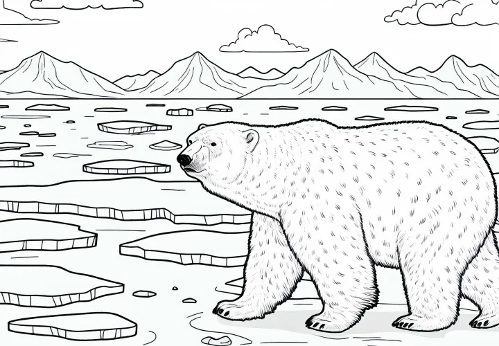Eisbär läuft über Eisfläche – Ausmalbild Polarregion kostenlos