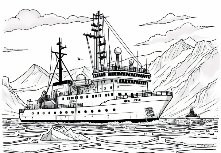 Research vessel sails through pack ice - Free coloring page polar region