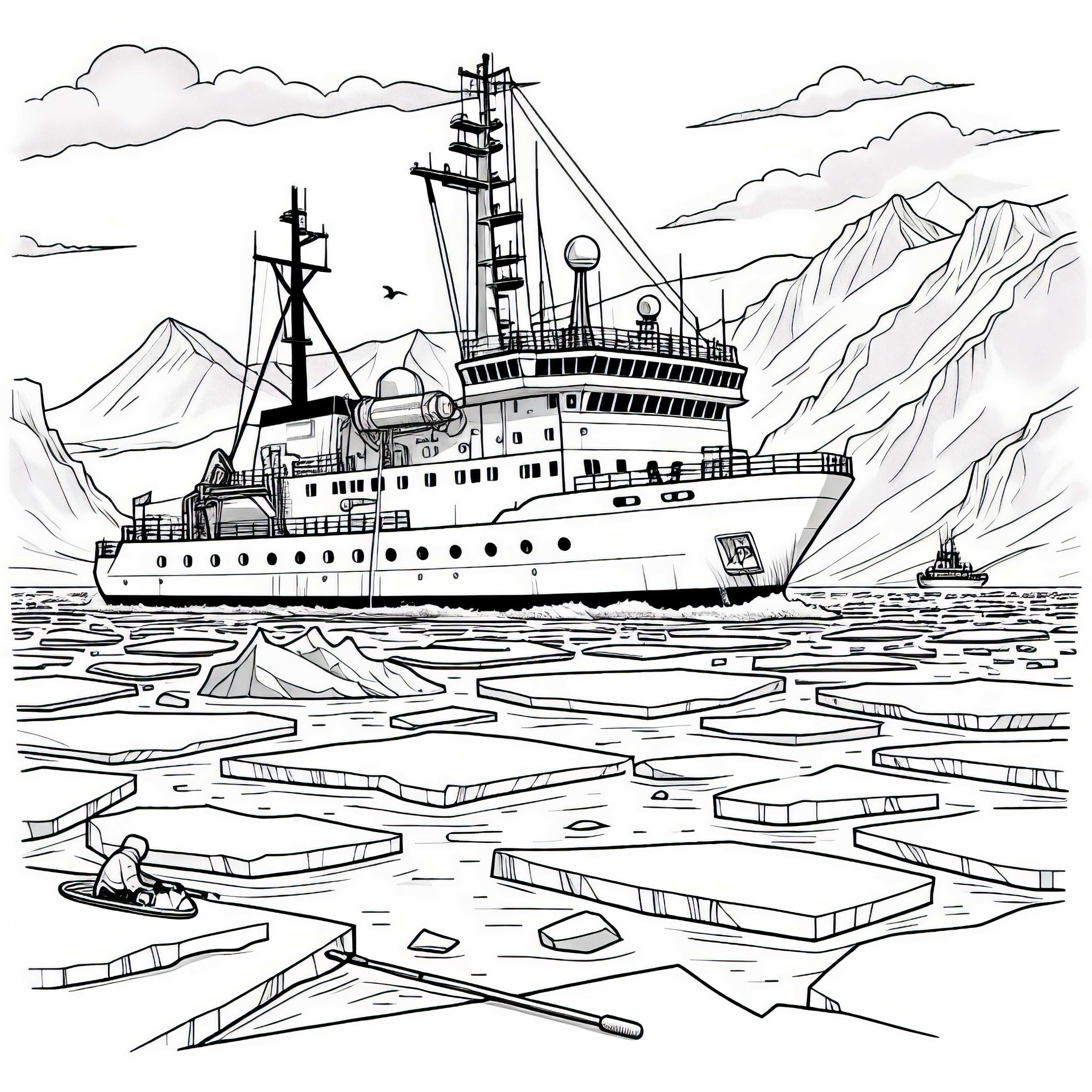 Изследователски кораб преминава през паков лед - безплатна оцветяваща страница на полярния регион Изследователски кораб преминава през паков леден слой - безплатен шаблон за оцветяване на полярен регион