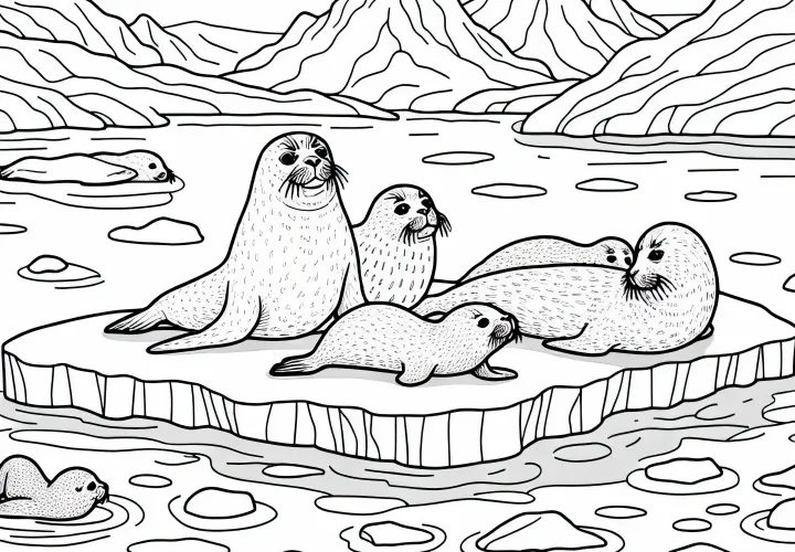 Seals resting on an ice floe - Coloring page for the polar region for free