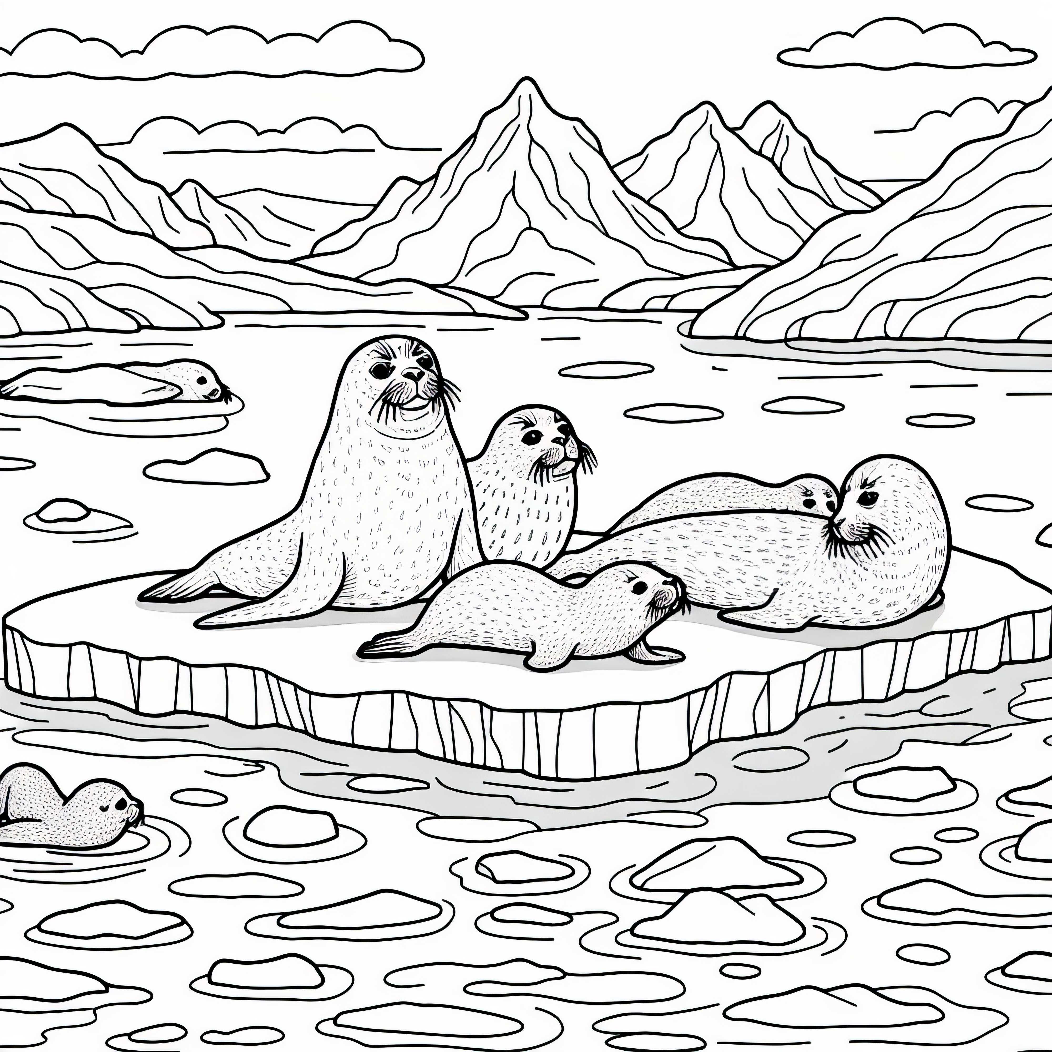 Тюлените почиват върху ледена плоча – Оцветяваща картинка за полярния регион безплатно Тюлени почиват на ледена каляска - Картина за оцветяване за Полярния регион безплатно
