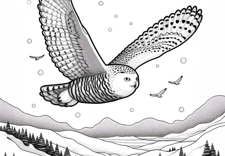 Snowy owl flies over white surface – Free coloring page Arctic region