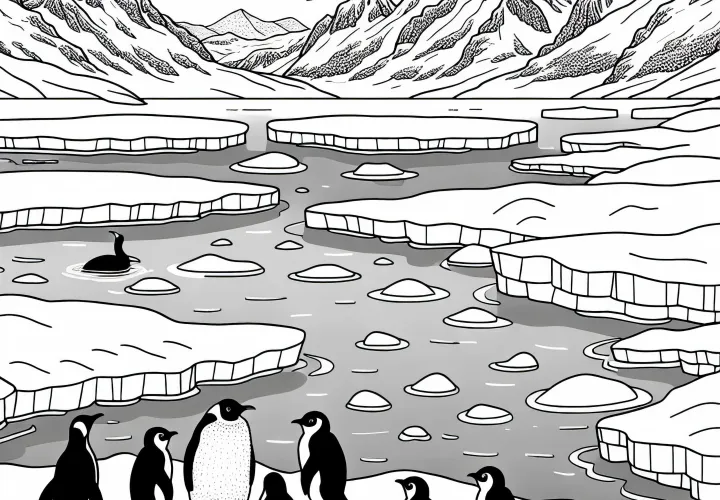 Penguin family stands at the edge of an ice field - Coloring page polar region free