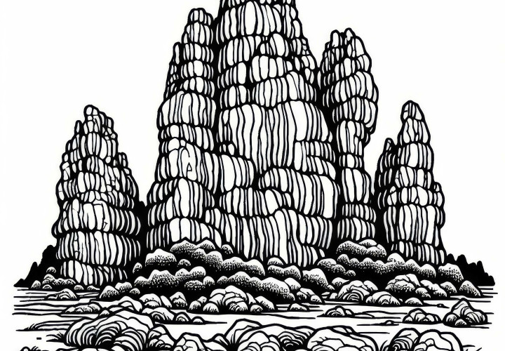 Rocks with unusual shapes as a coloring page in a karst landscape for free