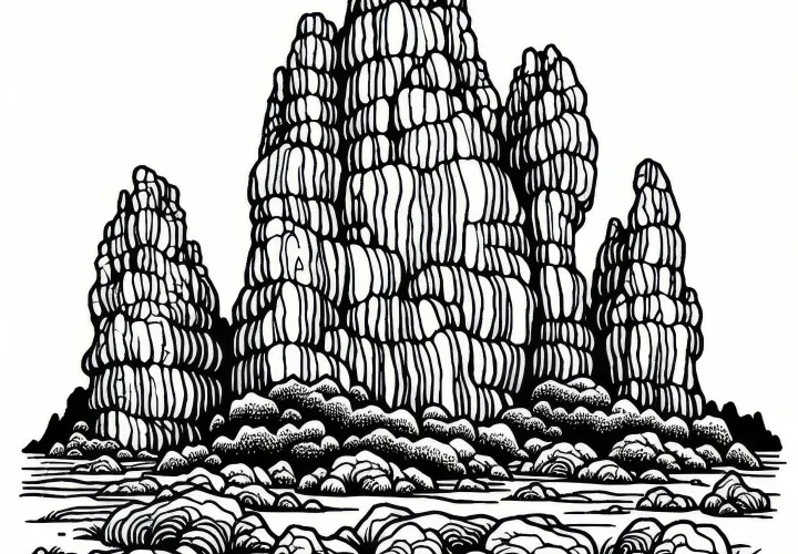 Rocks with unusual shapes as a coloring page in a karst landscape for free