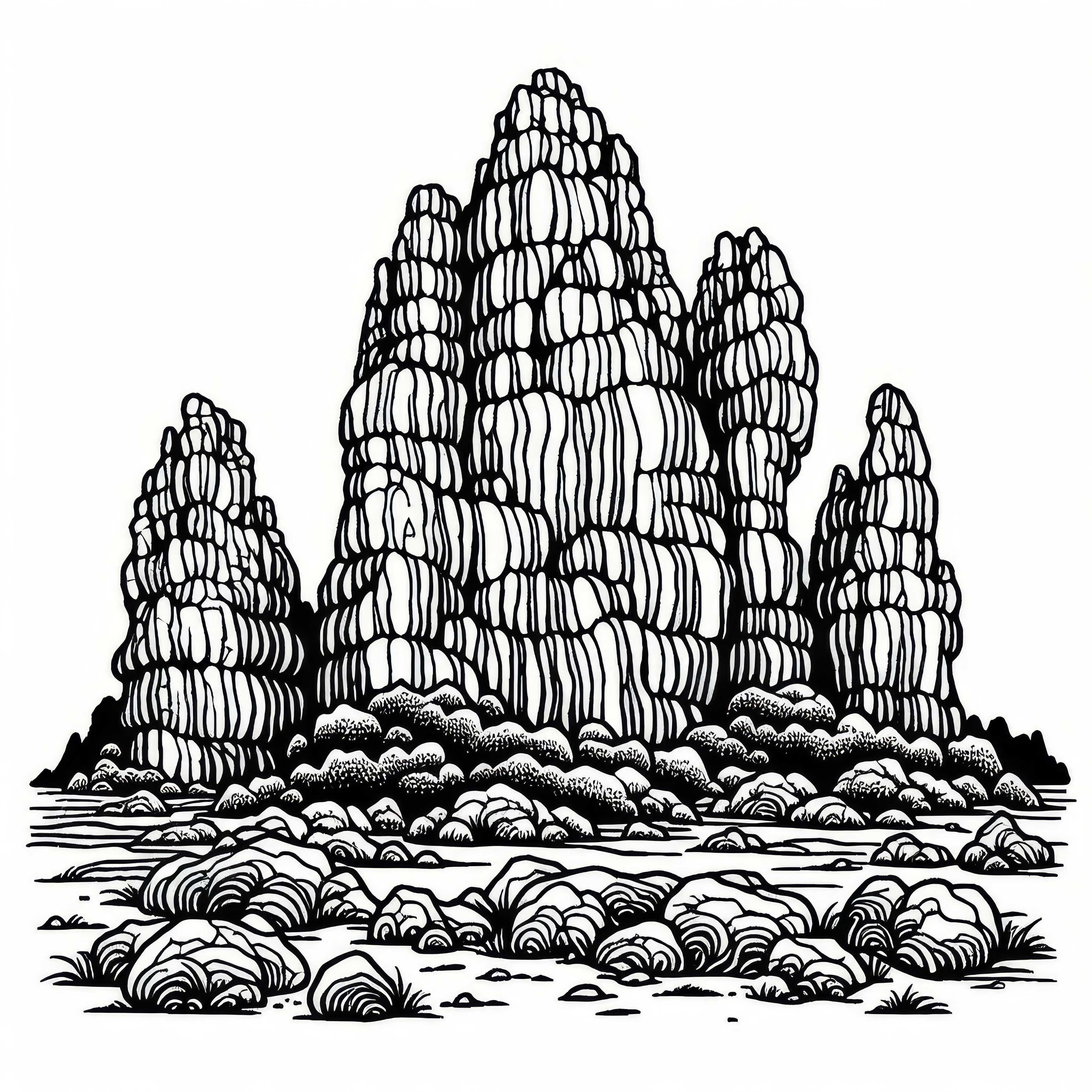 Rocks with unusual shapes as a coloring page in a karst landscape for free