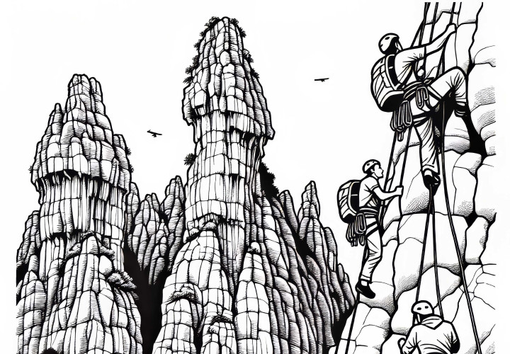 Kletterer in felsiger Karstlandschaft – Ausmalbild kostenlos