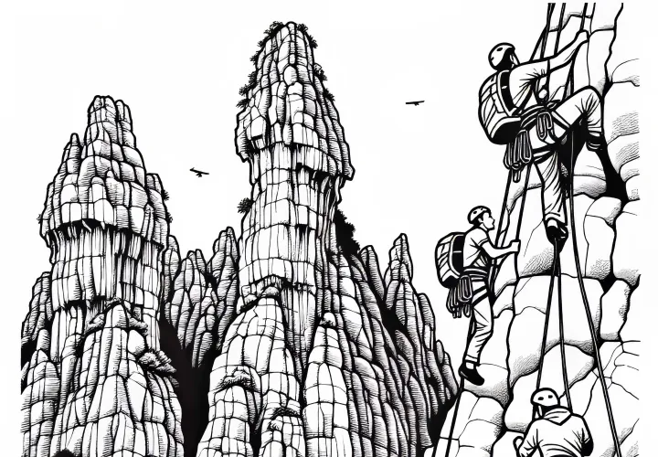 Kletterer in felsiger Karstlandschaft – Ausmalbild kostenlos