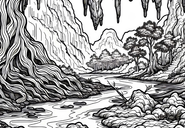 Unterirdischer Fluss fließt durch Höhle – Ausmalbild Karstlandschaft gratis