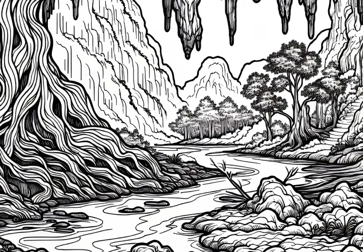 Unterirdischer Fluss fließt durch Höhle – Ausmalbild Karstlandschaft gratis