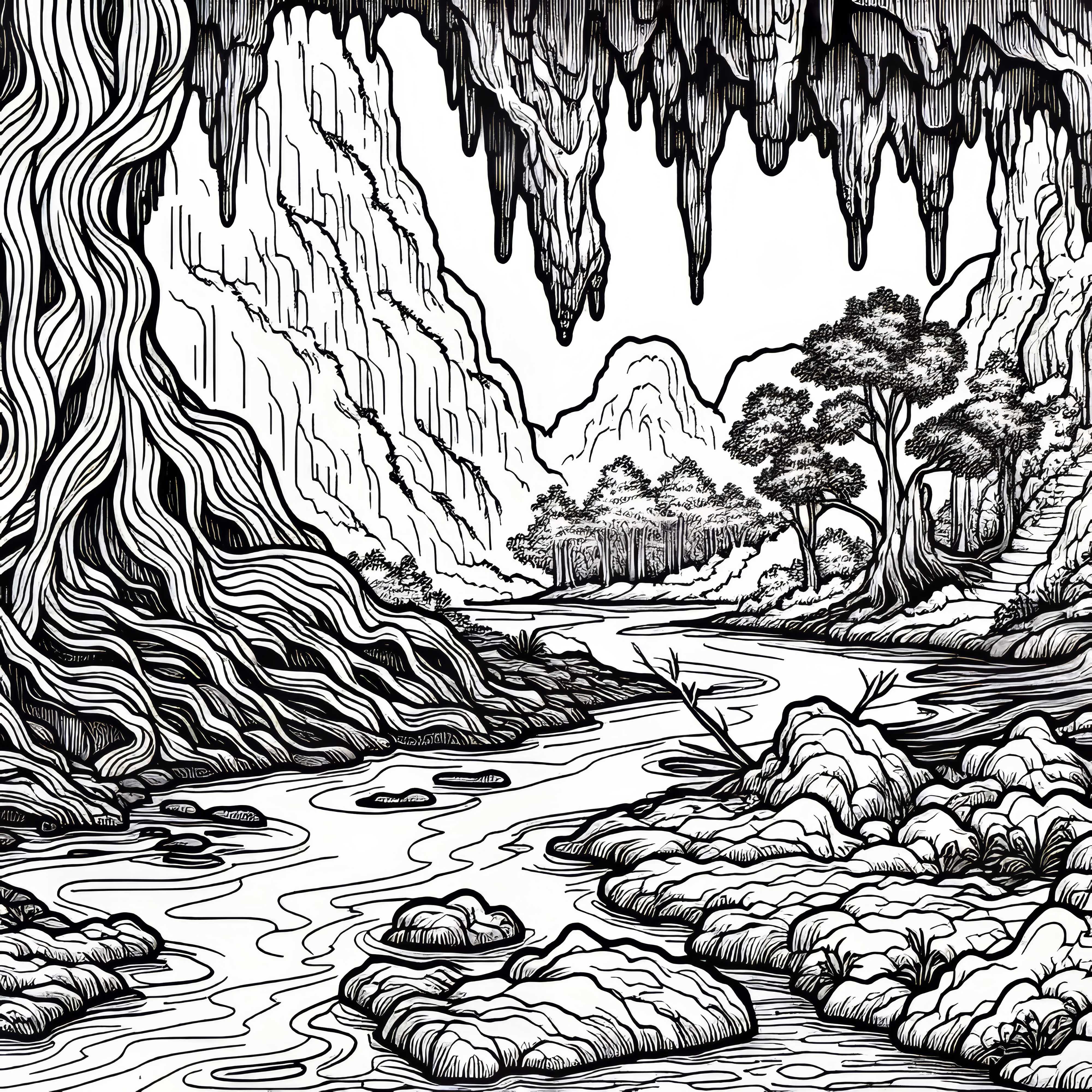 Unterirdischer Fluss flie&szlig;t durch H&ouml;hle &ndash; Ausmalbild Karstlandschaft gratis