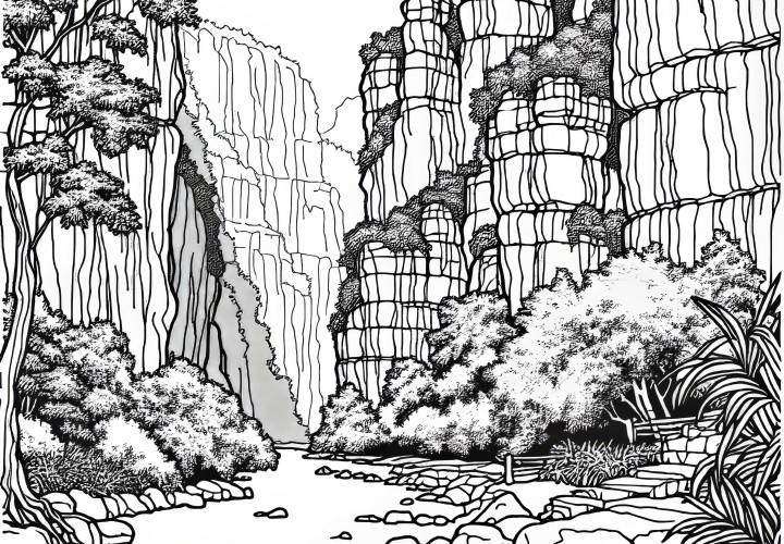 Narrow gorge with high rock walls - Coloring page for a karst landscape