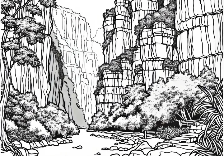 Narrow gorge with high rock walls - Coloring page for a karst landscape