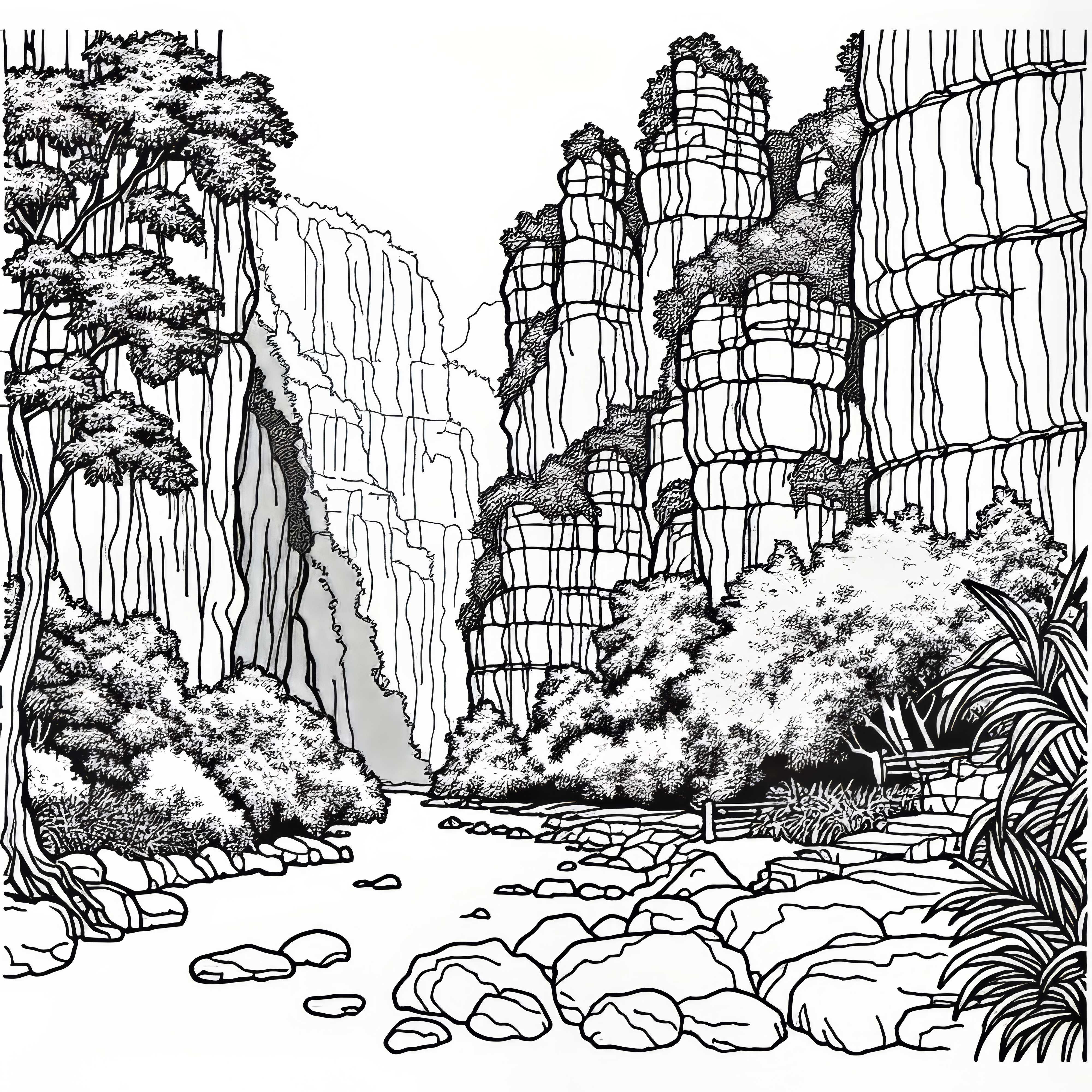 Narrow gorge with high stone walls - coloring picture for a karst landscape