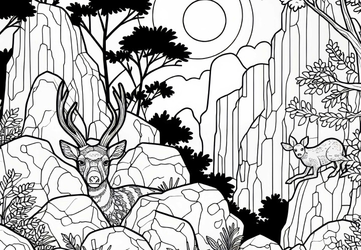 Animals hiding between the rocks in a karst landscape – free coloring page