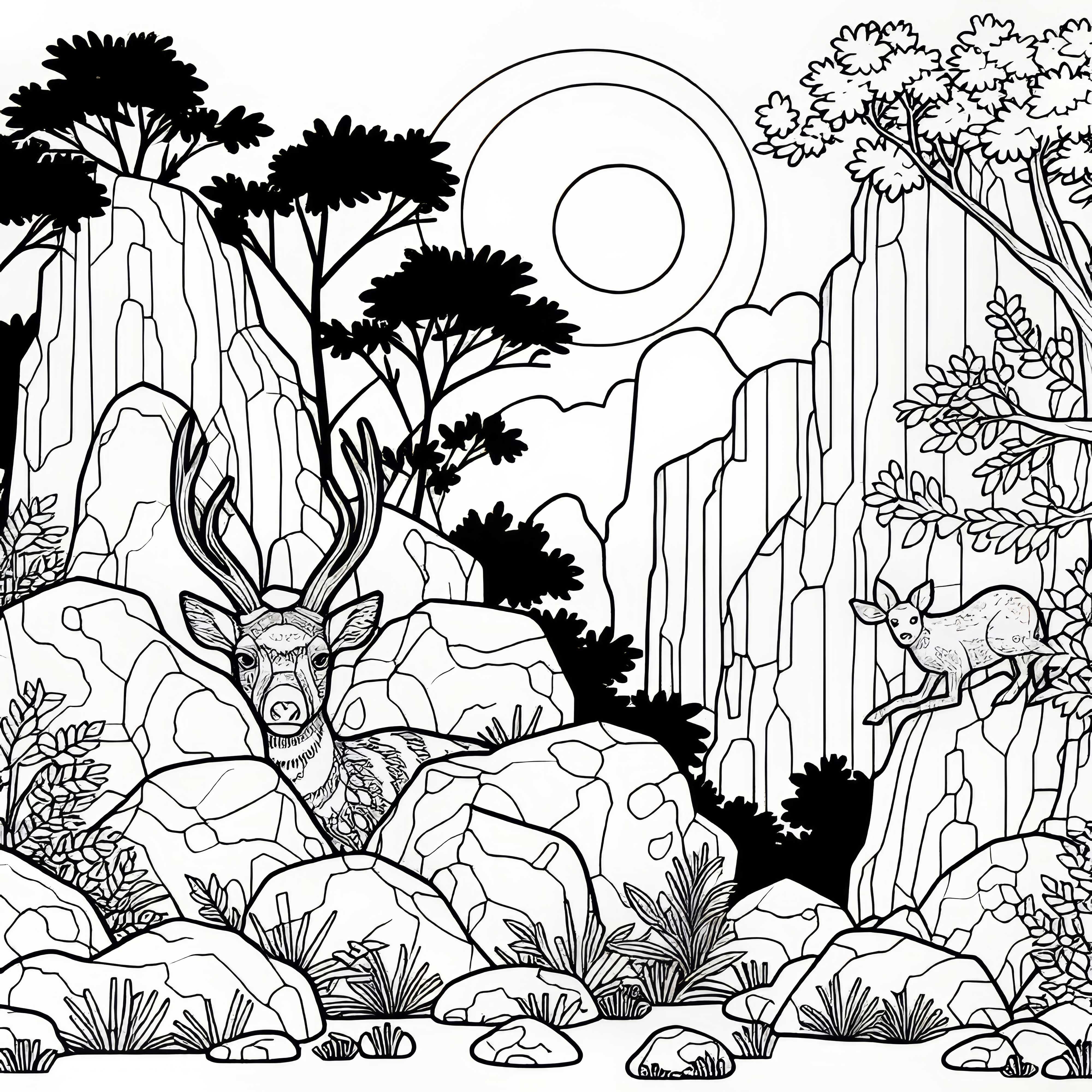Animals hiding among the rocks in a karst landscape - free coloring page