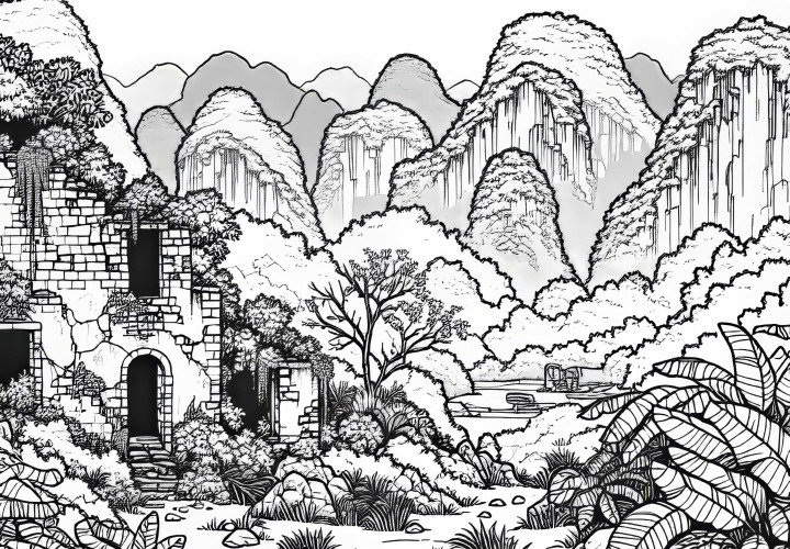 Abandoned ruins amidst limestone cliffs – Free coloring page of karst landscape