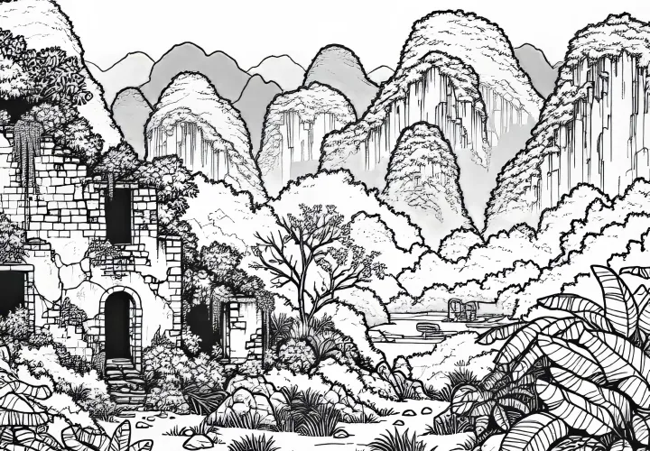 Abandoned ruins amidst limestone cliffs – Free coloring page of karst landscape