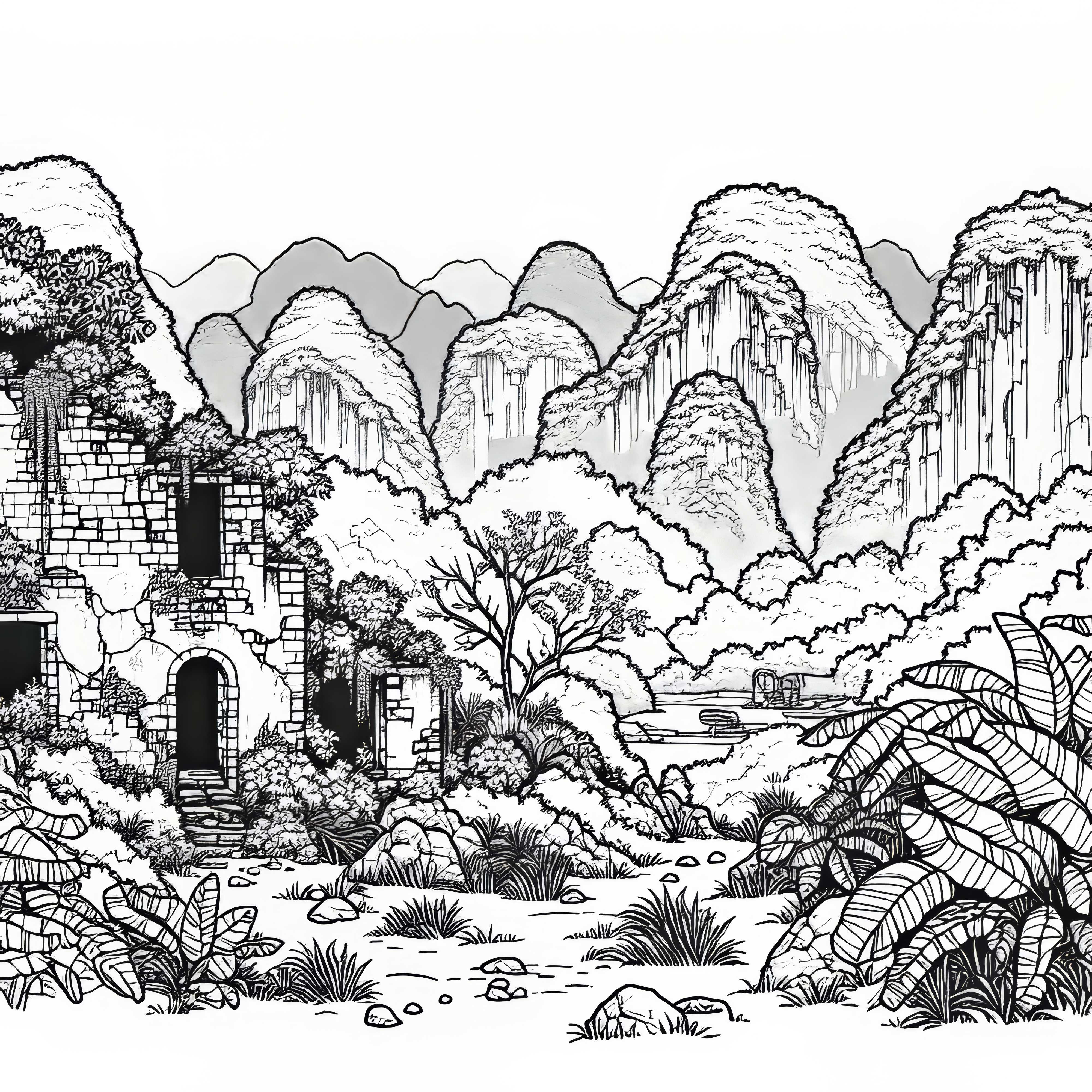 Abandoned ruins amid limestone cliffs - Free coloring page of a karst landscape