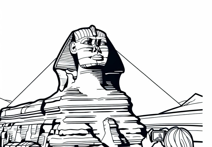 Sfinxul din Giza cu un copil care face o fotografie – Șablon de colorat Africa gratuit