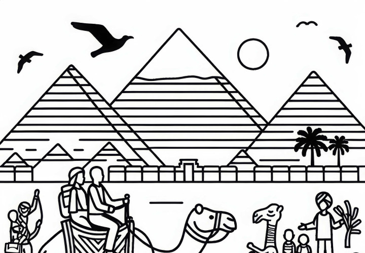 Piramidele din Giza, Egipt, cu cămilă și turiști – Imagine de colorat pentru Africa