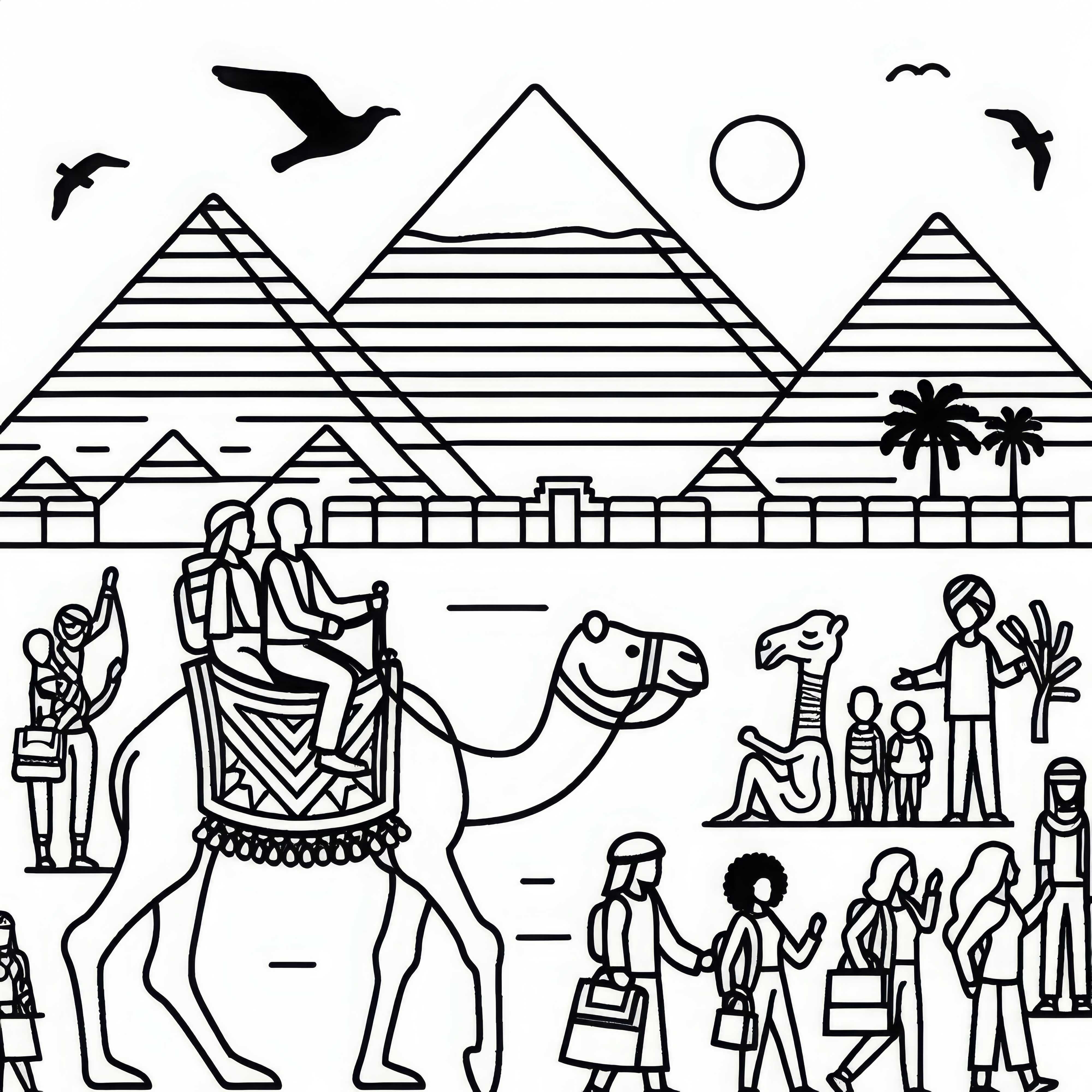 Piramidele din Giza, Egipt, cu cămilă și turiști – imagine de colorat pentru Africa